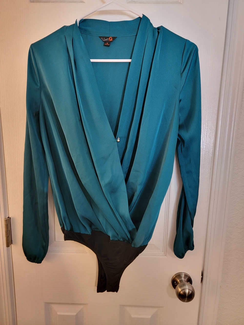 G by Guess Teal Draped Surplice Long-Sleeve Bodysuit